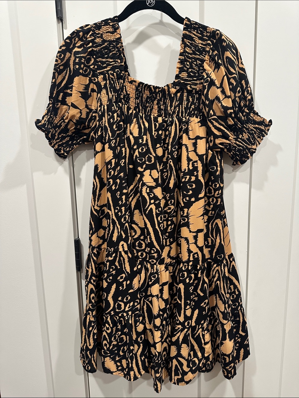 Joy Joy Black and Tan Printed Smocked Square-Neck Mini Dress